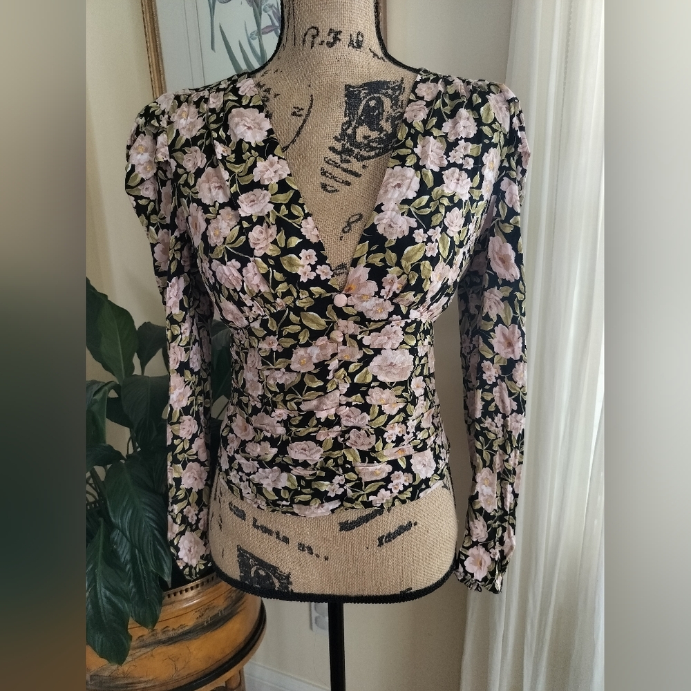Zara Black Pink Floral Long Sleeveless Ruched Bottom Detailing Waist Top Women's
